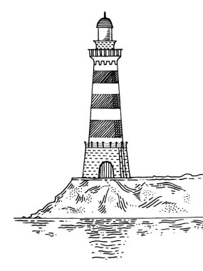 Deniz feneri gravür tarzı vektör çizim