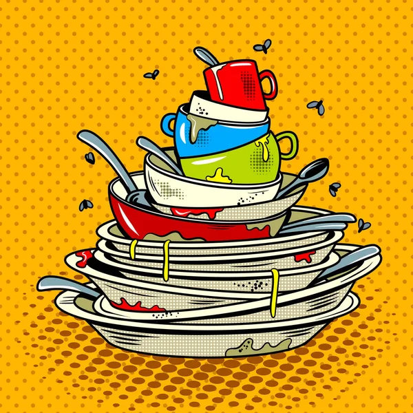 Dirty dishes comic book style vector illustration — Stock Vector