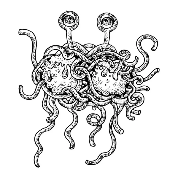 Spaghetti volant monstre gravure style vecteur — Image vectorielle