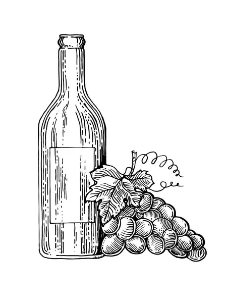 Botella de vino y uvas grabado estilo vector — Vector de stock