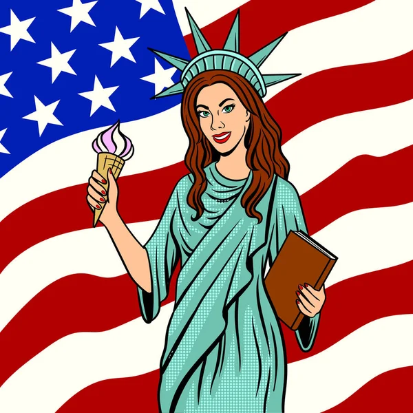 Meisje in Statue of Liberty pak popart vector — Stockvector