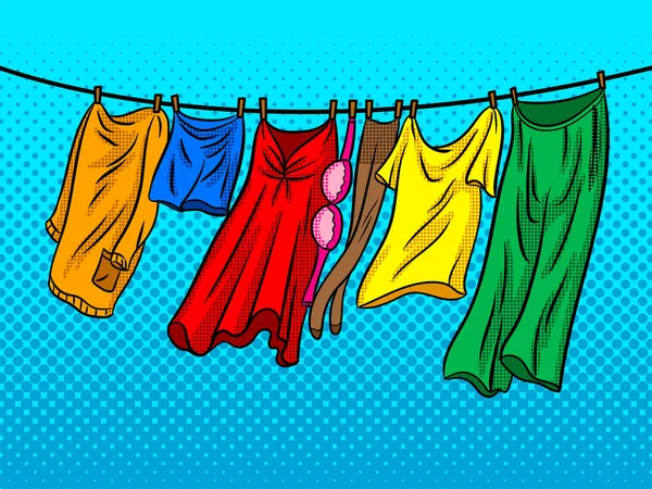 La ropa se seca en una cuerda cómic estilo vector — Vector de stock