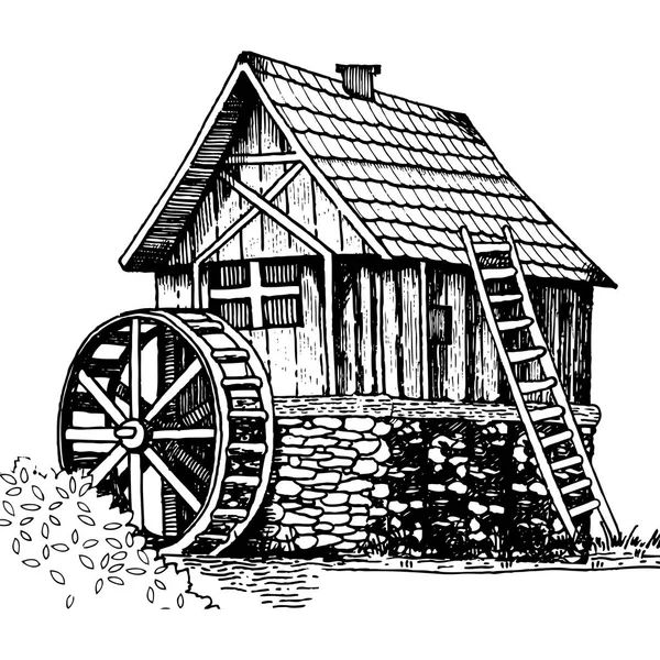 Velho moinho de água gravura estilo vetor ilustração — Vetor de Stock
