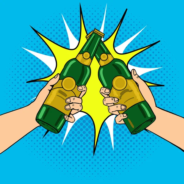 Clink bouteilles de bière illustration vectorielle pop art — Image vectorielle