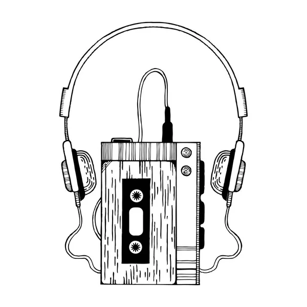 Portable audio cassette player engraving vector — Stock Vector