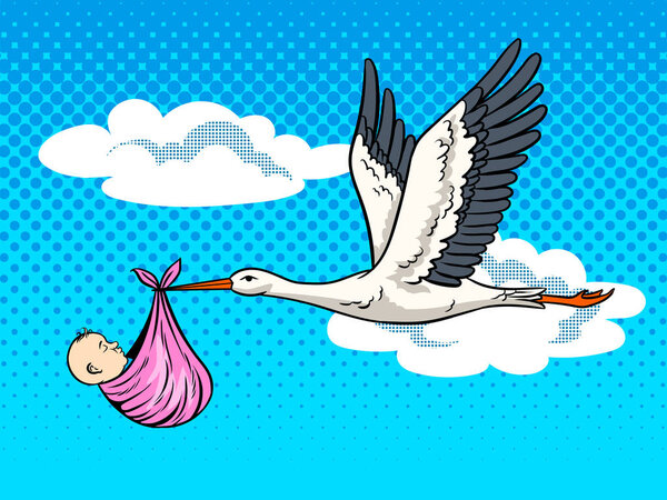Stork brings baby pop art vector illustration