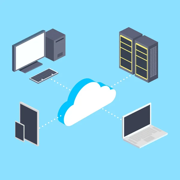 Stockage Cloud et vecteur isométrique des ordinateurs — Image vectorielle