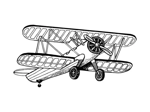 Stary samolot dwupłatowy Grawerowanie wektor — Wektor stockowy