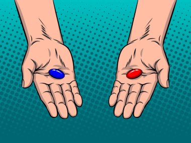 Kırmızı ve mavi hap pop sanat vektör elleriyle