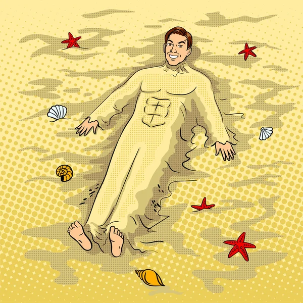Homme enterré dans le sable sur la plage vecteur pop art — Image vectorielle