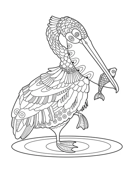Pelikán pták s rybami obarvení kniha vektor — Stockový vektor