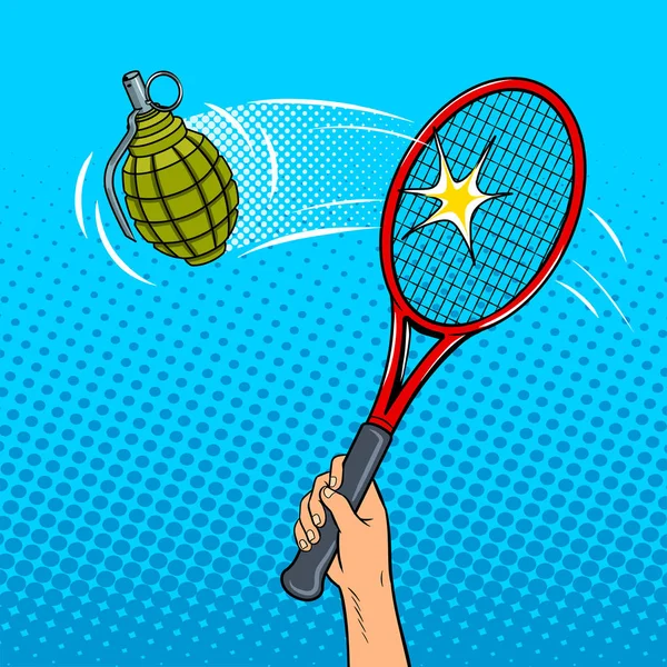 Raquette de tennis frappe un vecteur de style pop art grenade — Image vectorielle