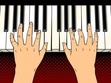 Piyano tuşları pop art vektör çizim ellerde