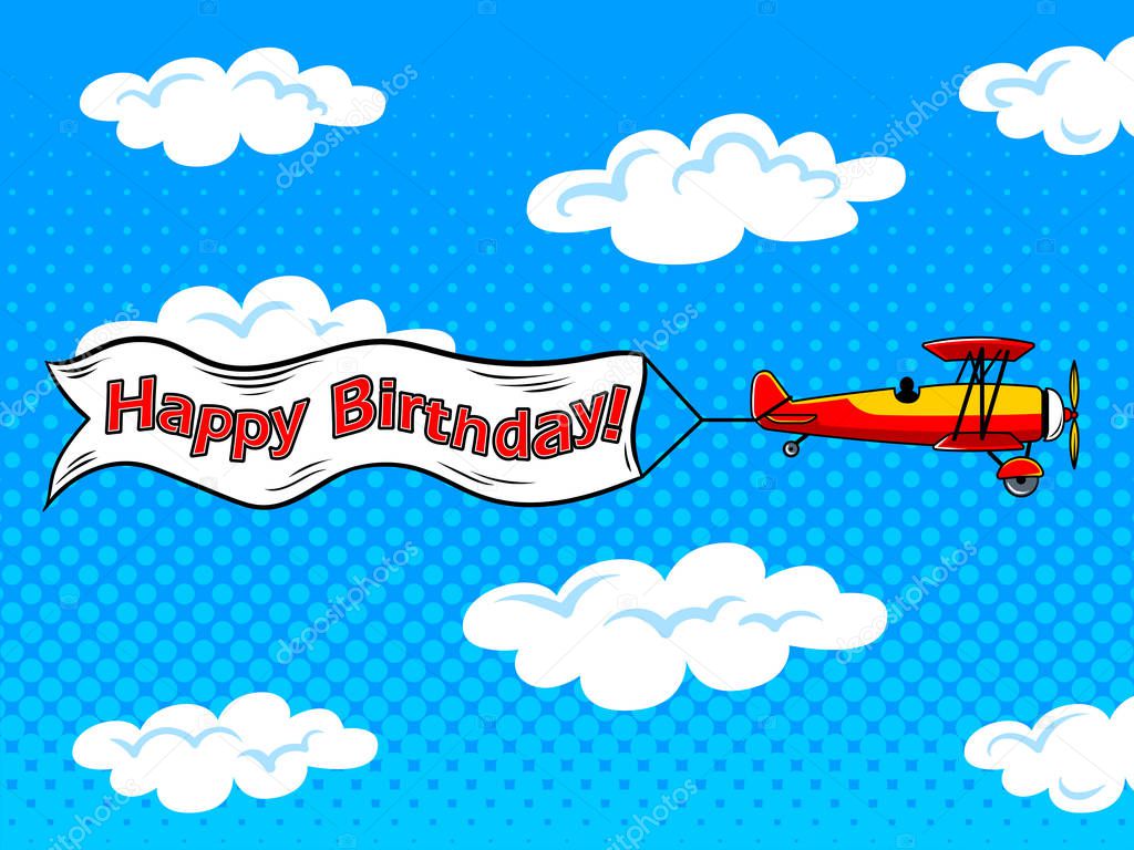 Airplane inscription across sky pop art vector