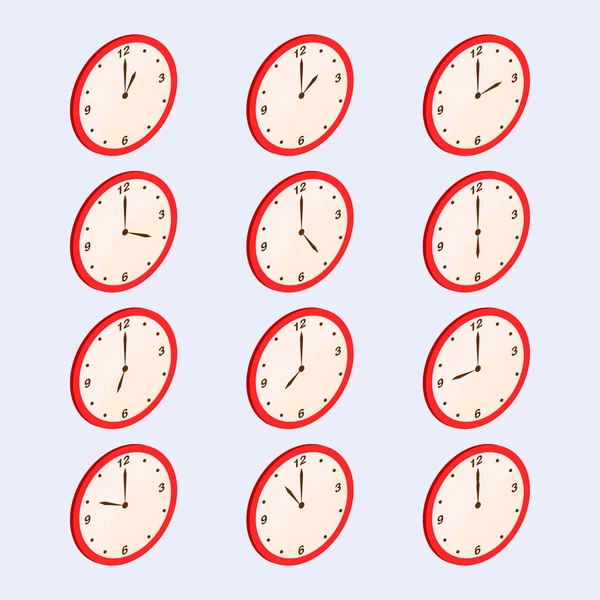 Reloj muestran diferente tiempo vector isométrico — Vector de stock