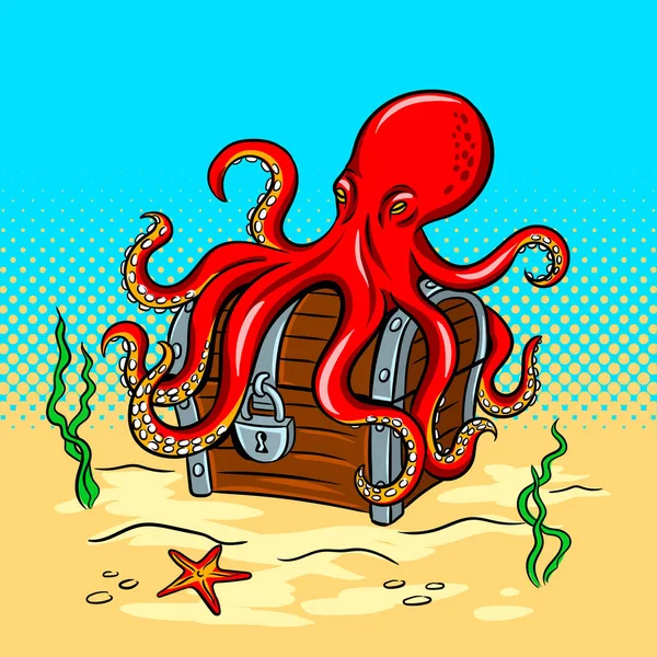 Octopus guards treasure chest pop art vector — Stock Vector