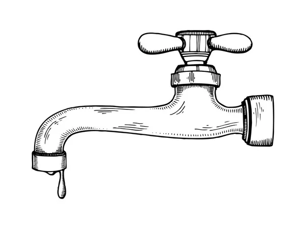 Torneira de água com ilustração de vetor de gravação gota — Vetor de Stock