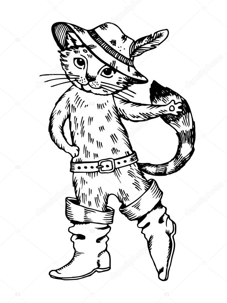 Cat in boots engraving vector illustration