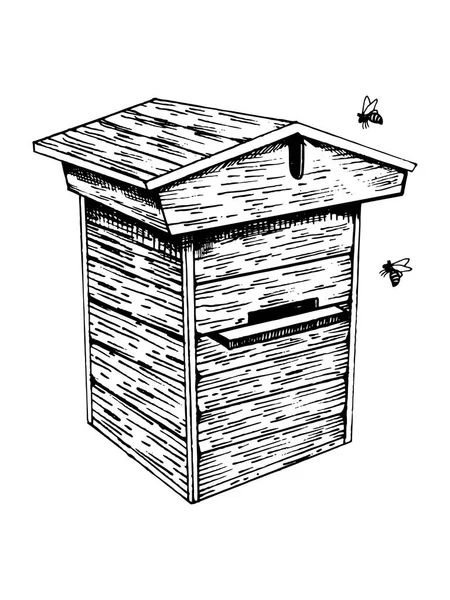 Ruche d'abeilles et abeilles gravure vectorielle illustration — Image vectorielle