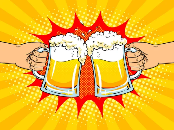 Hands with mugs of beer pop art vector — Stock Vector