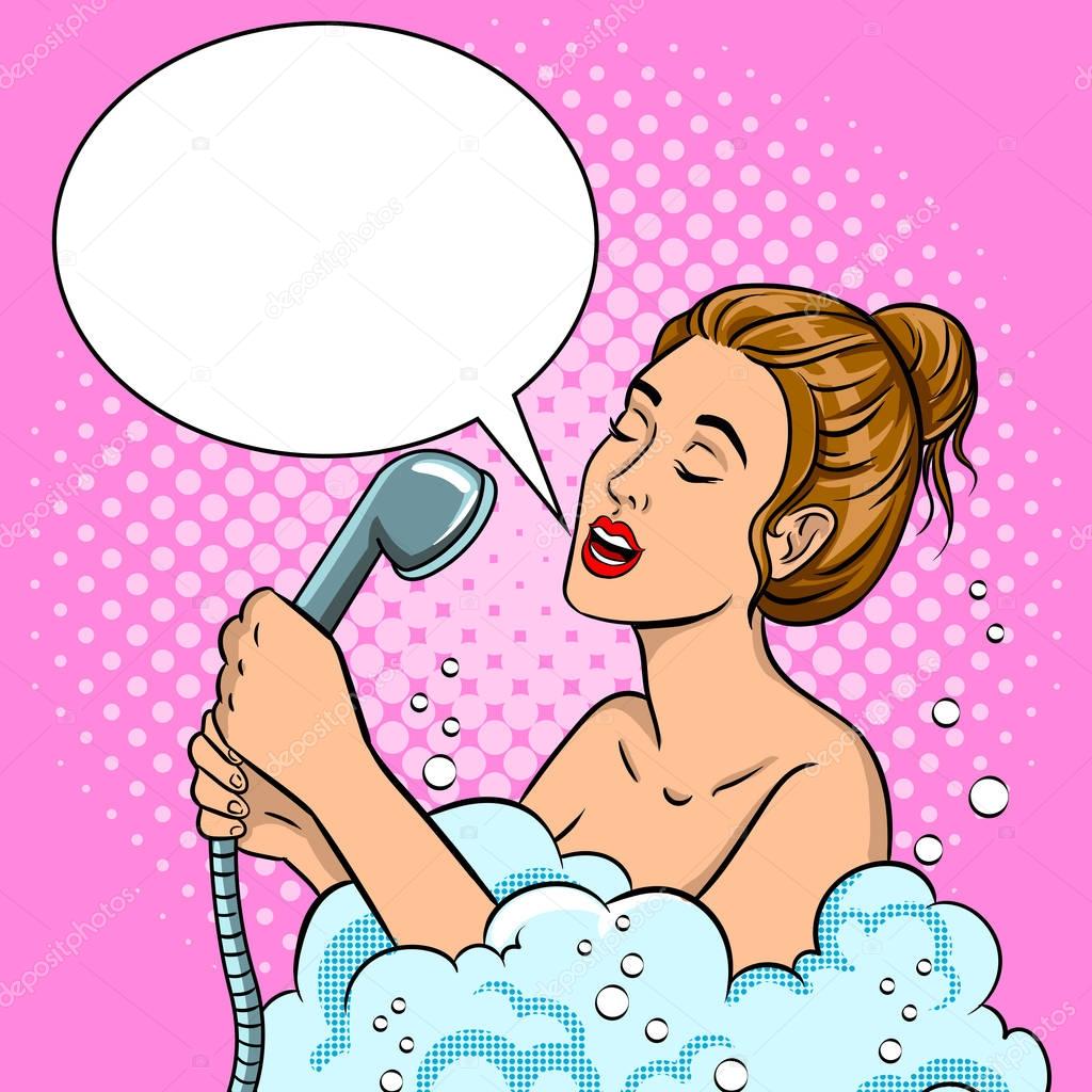 Girl singing in the shower pop art vector