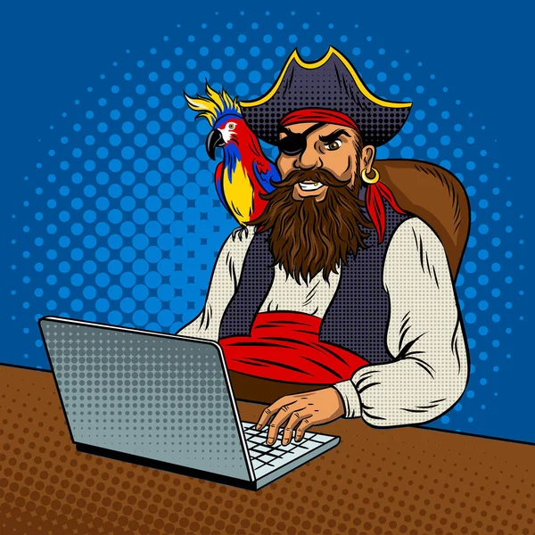 Pirate avec ordinateur portable illustration vectorielle pop art — Image vectorielle