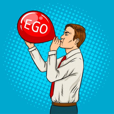 Adam şişirmek ego balon pop sanat vektör