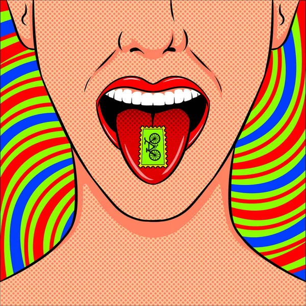Stamp with LSD drug on tongue pop art vector — Stock Vector