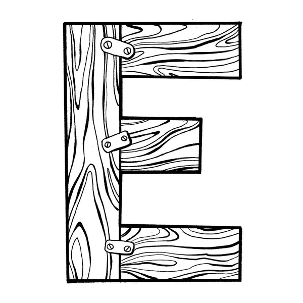 Wooden letter E engraving vector illustration — Stock Vector