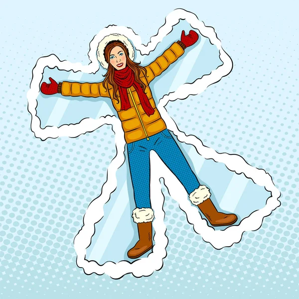 Winter girl makes snow angel pop art vector — Stock Vector