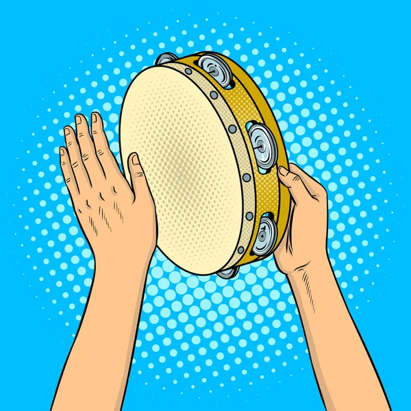 Händer med tamburin popkonst vektorillustration — Stock vektor