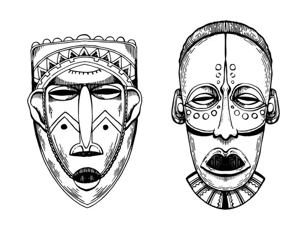 Máscaras africanas de selvagens gravura estilo vetor —  Vetores de Stock