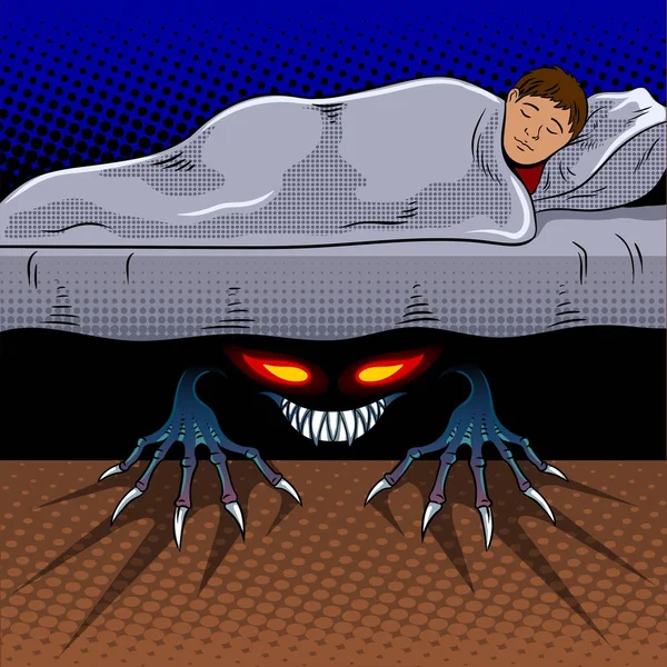 Enfant avec monstre sous le lit pop art vecteur — Image vectorielle