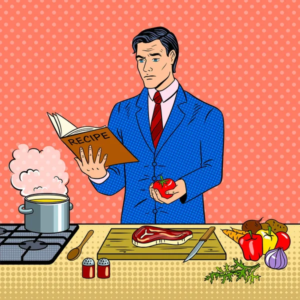 Ο άνθρωπος στην επιχείρηση κοστούμι μαγειρέματος τροφίμων pop art διάνυσμα — Διανυσματικό Αρχείο