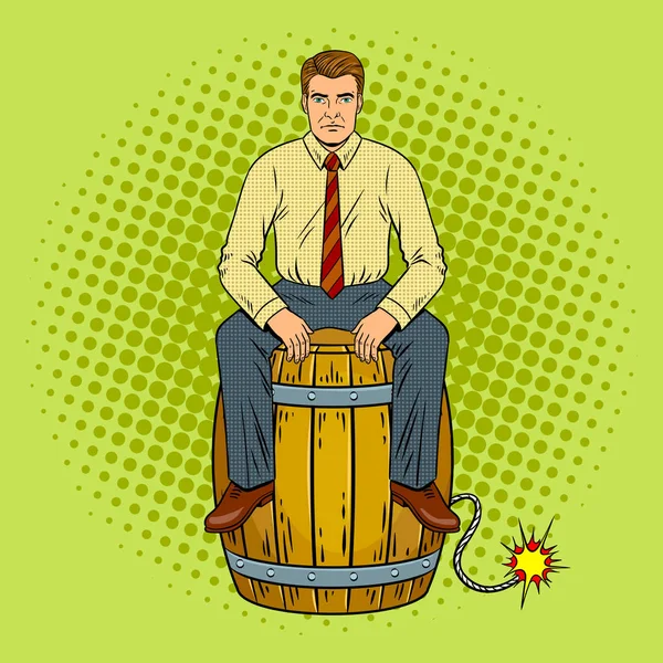 Man on powder keg pop art vector illustration — Stock Vector