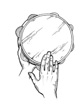 Hands and tambourine engraving vector illustration clipart