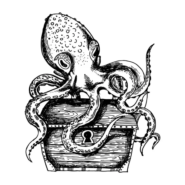 Octopus custodisce tesoro incisione vettore — Vettoriale Stock