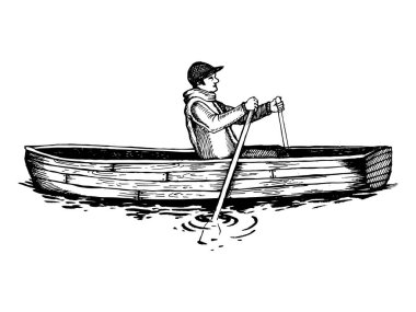 Man on rowing boat engraving vector illustration clipart