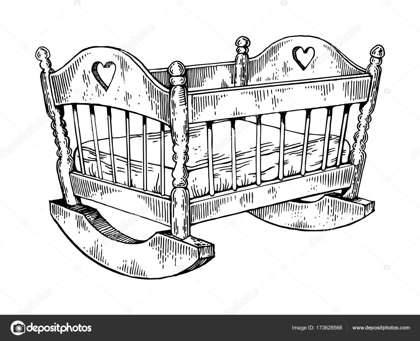 Baby cradle engraving vector illustration — Stock Vector