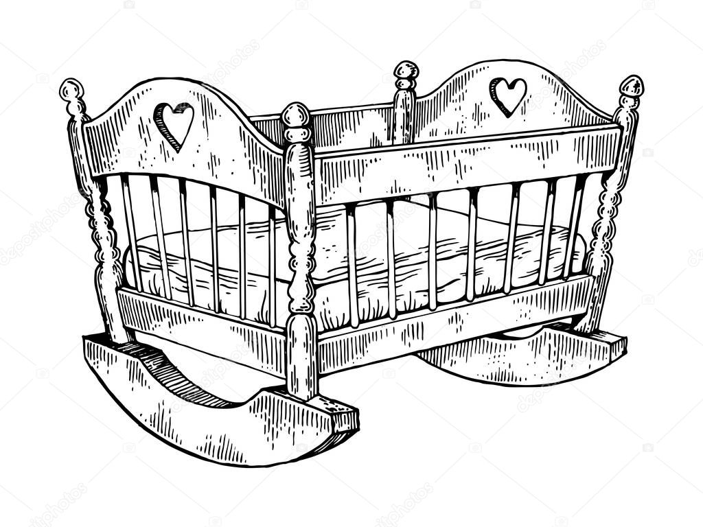 Baby cradle engraving vector illustration