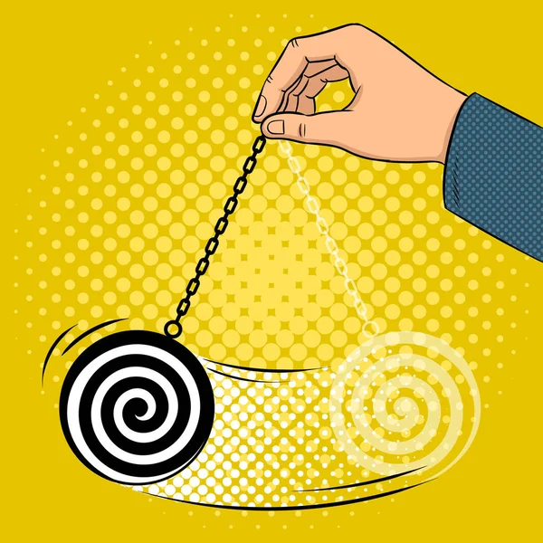 Hypnotizer pendulum in hand pop art vector — Stock Vector