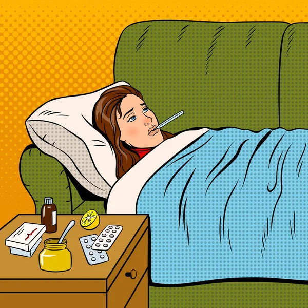 Chřipka nemocná dívka leží v posteli pop art vektorové — Stockový vektor
