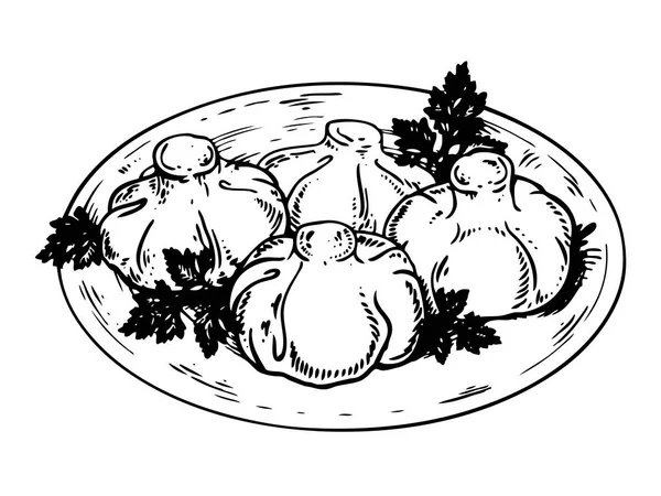 Ilustración de vectores de grabado de alimentos Khinkali — Vector de stock