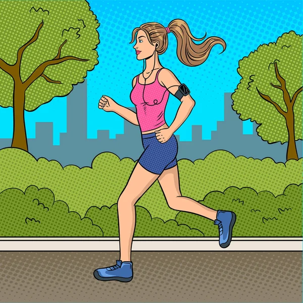 Deporte chica corriendo en parque pop art vector — Archivo Imágenes Vectoriales