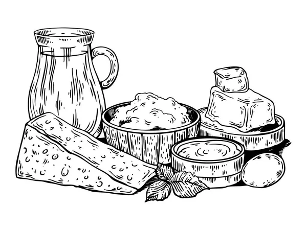 Leche productos alimenticios grabado vector ilustración — Vector de stock