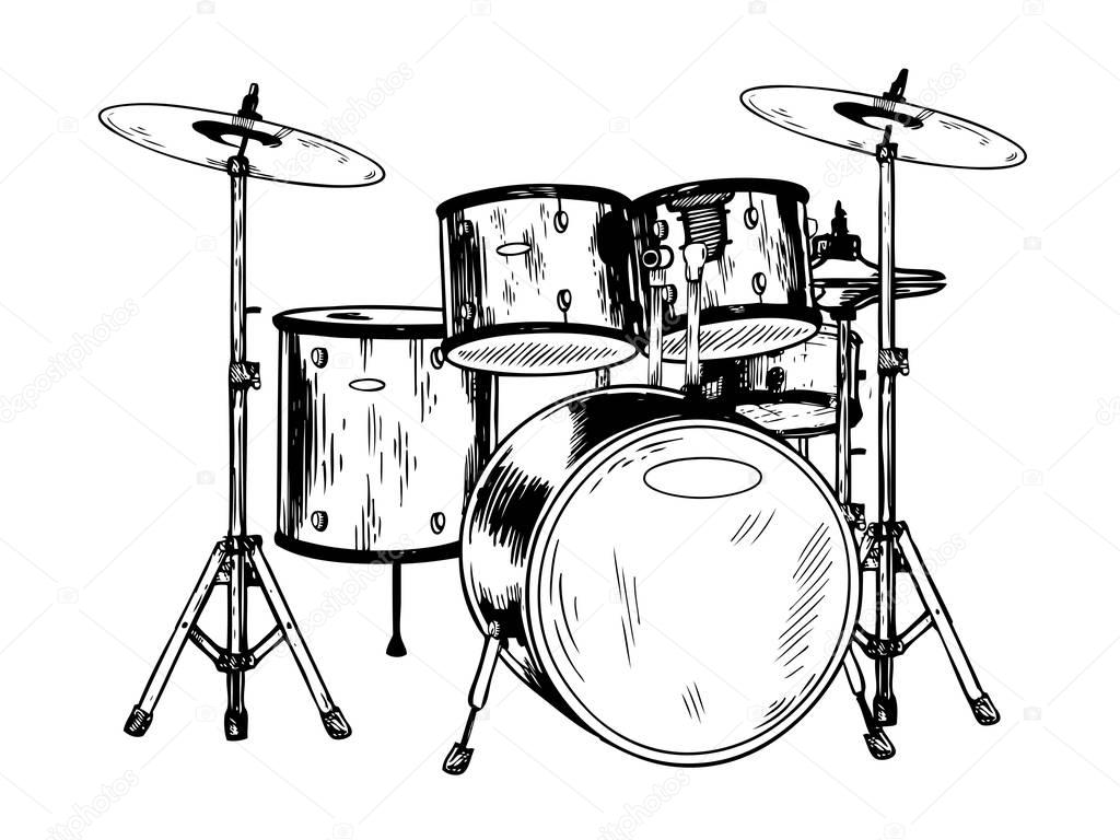 Drum set engraving vector illustration