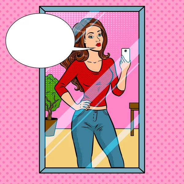 Chica está haciendo selfie en el espejo pop art vector — Vector de stock