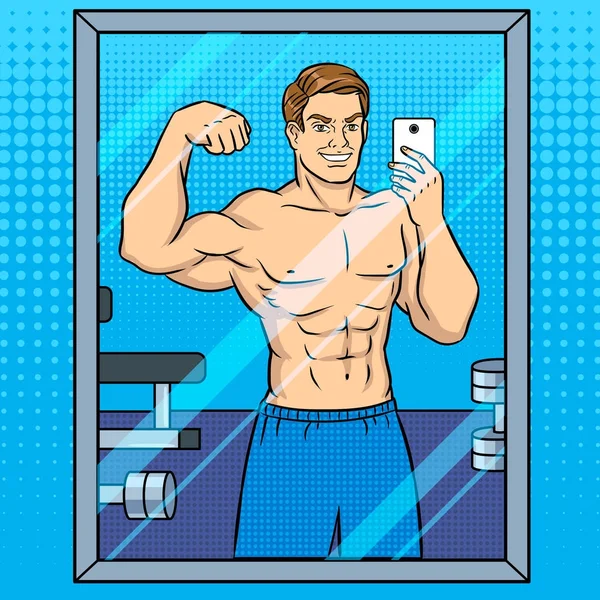 Body builder fa selfie nello specchio pop art — Vettoriale Stock