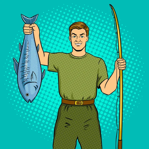 Fischer mit Angelrute und Fisch Pop Art Vektor — Stockvektor