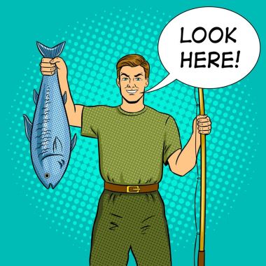 Olta ve balık pop sanat vektör ile balıkçı